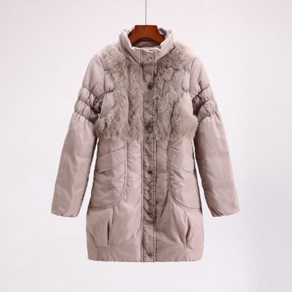 Дамско зимно яке с гъши пух и декорации с естесвен косъм заек отпред, НАЛИЧНО М размер