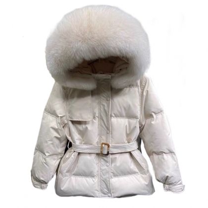 Дамско яке с колан с гъши пух и качулка с яка естествен косъм лисица