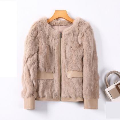 Късо елегантно модно дамско палто естествена кожа и естествен косъм заек 