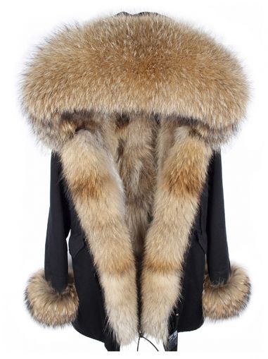 Зимна дамска парка естествен косъм с голяма дълга яка и пух на ръкавите
