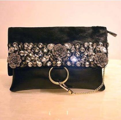 Модна дамска чанта естествена кожа и пони косъм с кристални камъни