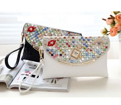 Модна малка  дамска чанта клъч с цветникристални камъни