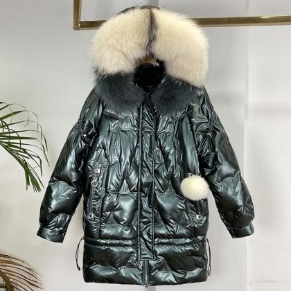 Дамско лисица яке с гъши пух и качулка с голяма яка естествен косъм лисица