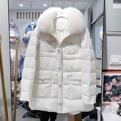 Дамско дълго яке с гъши пух с  голяма яка естествен косъм лисица