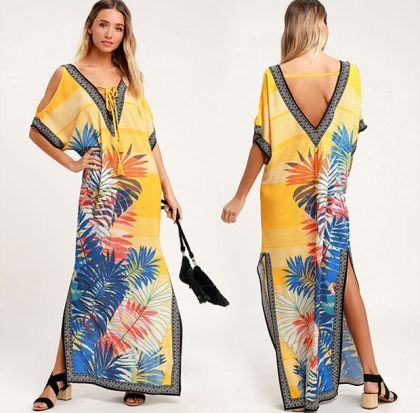 Цветна жълта дълга свободна плажна рокля