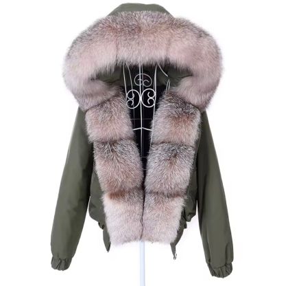 Зимно бомбър яке, естествена лисича кожа с качулка миеща мечка