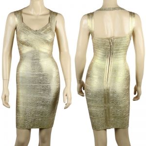 Елегантна ластична рокля Herve Leger златист и сребрист металик