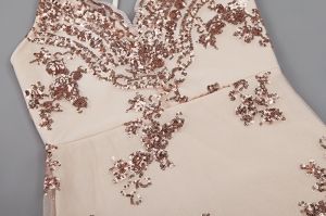 Бандажна къса рокля Herve Leger в екрю с бродерии с пайети