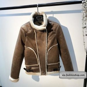 Кафяво дамско вълнено палто, естествена кожа