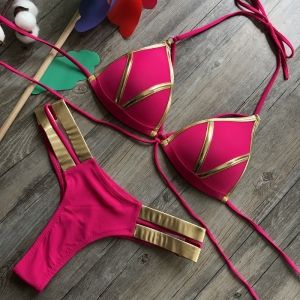 Секси бански с твърда чашка с металик ленти