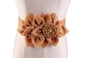 Елегантен широк ластичен колан с голямо цвете с мъниста