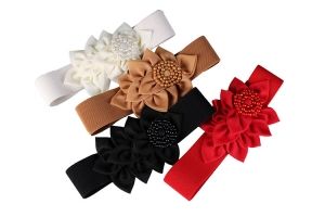 Елегантен широк ластичен колан с голямо цвете с мъниста