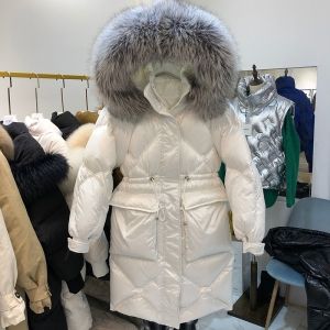 Дамско яке средна дължина с гъши пух и яка естествен косъм лисица