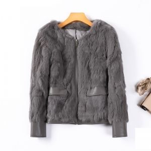 Късо елегантно модно дамско палто естествена кожа и естествен косъм заек 