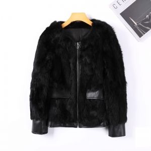 Късо елегантно модно дамско палто естествена кожа и естествен косъм заек 