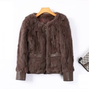 Късо елегантно модно дамско палто естествена кожа и естествен косъм заек 