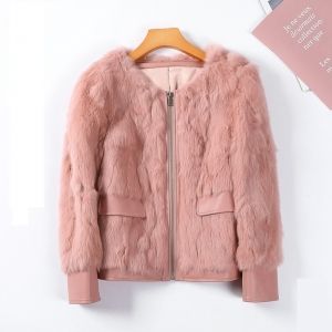 Късо елегантно модно дамско палто естествена кожа и естествен косъм заек 