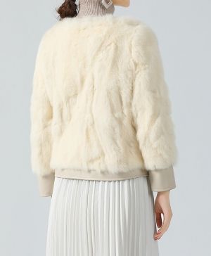 Късо елегантно модно дамско палто естествена кожа и естествен косъм заек 