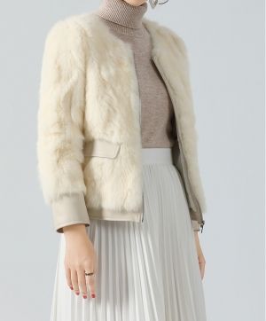 Късо елегантно модно дамско палто естествена кожа и естествен косъм заек 