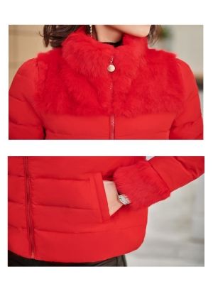 Късо елегантно модно дамско яке с гъши пух и естествен косъм заек 