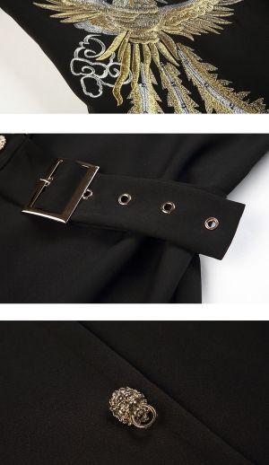 Модна дамска рокля с права яка бродиран златен феникс