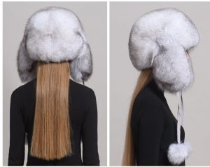 Зимна дамска шапка цялата от естествен дълъг косъм лисица