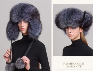 Зимна дамска шапка цялата от естествен дълъг косъм лисица