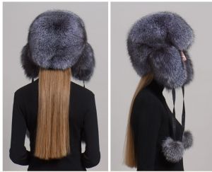 Зимна дамска шапка цялата от естествен дълъг косъм лисица