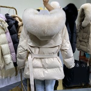 Дамско яке с колан с гъши пух и качулка с яка естествен косъм лисица, НАЛИЧНО L размер