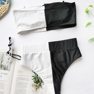 Луксозен секси бански бяло и черно с висока талия с колан с катарама