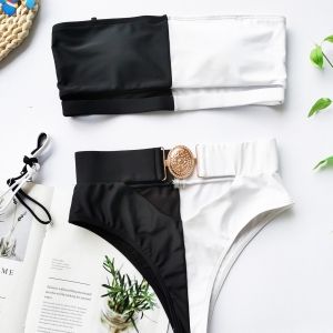 Луксозен секси бански бяло и черно с висока талия с колан с катарама