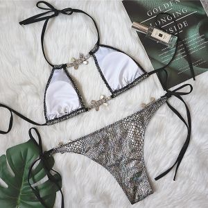 Секси луксозен бански със змийски десен с токи с камъни 