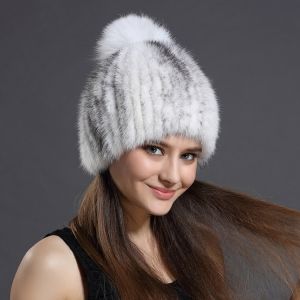Зимна дамска шапка цялата от естествен  косъм норка с топка лисица