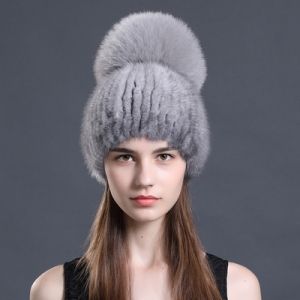 Зимна дамска шапка цялата от естествен  косъм норка с топка лисица
