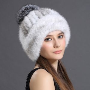 Зимна дамска шапка цялата от естествен  косъм норка с топка лисица