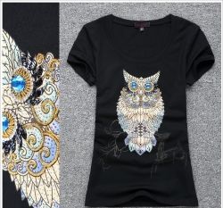 Дамска тениска с къс ръкав с камъни и пайети Бухал