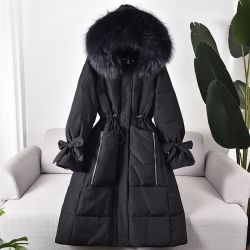 Дамско дълго зимно яке с гъши пух с качулка, НАЛИЧНО черно М, L размер
