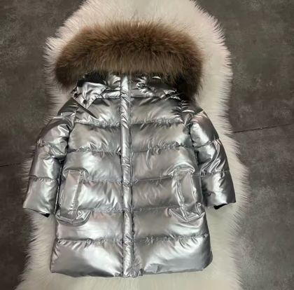 Детскo дълго зимнo яке с гъши пух с качулка естествен косъм
