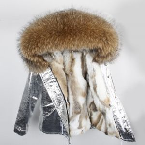 Parka дамско яке парка с качулка с огромен пух естествен косъм и подплата естесвена кожа заек