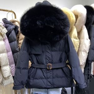 Дамско яке с колан с гъши пух и качулка с яка естествен косъм лисица