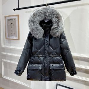 Дамско яке с гъши пух и качулка с голяма яка естествен косъм сребърна лисица