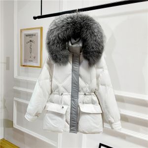 Дамско яке с гъши пух и качулка с голяма яка естествен косъм сребърна лисица