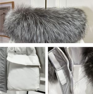 Дамско яке с гъши пух и качулка с голяма яка естествен косъм сребърна лисица
