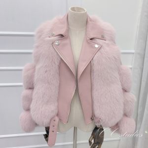 Дамско късо кожено яке естествен косъм лисица и естествена кожа в 9 цвята