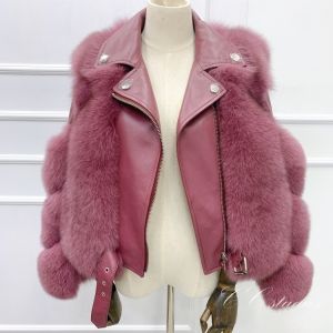 Дамско късо кожено яке естествен косъм лисица и естествена кожа в 9 цвята