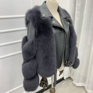 Дамско късо кожено яке естествен косъм лисица и естествена кожа в 9 цвята