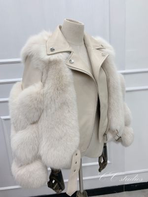 Дамско късо кожено яке естествен косъм лисица и естествена кожа в 9 цвята