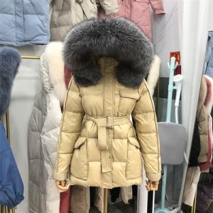 Дамско яке с гъши пух и качулка с голяма яка естествен косъм сребърна лисица