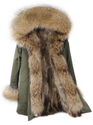Зимна дамска парка естествен косъм с голяма дълга яка и пух на ръкавите