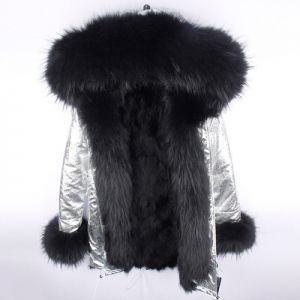 Зимна дамска парка естествен косъм с голяма дълга яка и пух на ръкавите